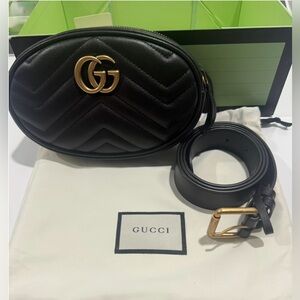 Gucci GG Marmont Matelassé Black Leather Belt Bag Waist Bag Italy